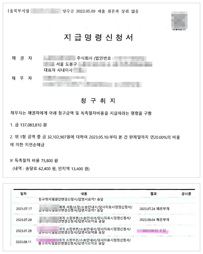 지급명령신청서 — 채무자 망인, 청구금액 137,083,810원과 32,102,907원에 대한 연 20% 지연손해금, 대법원 사건검색 송달내역 2023년 8월 3일 도달