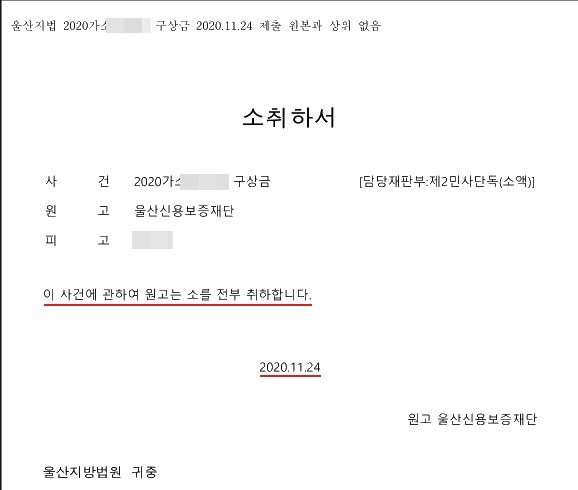 소취하서. 울산지법 2020가소(번호 가림) 구상금 2020.11.24 제출. 원고 울산신용보증재단, 피고(이름 가림). 이 사건에 관하여 원고는 소를 전부 취하합니다. 2020.11.24 원고 울산신용보증재단. 울산지방법원 귀중. 취하 문장과 날짜에 빨간 밑줄.