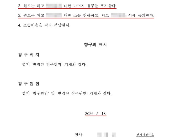 화해권고결정 둘째 장. 2. 원고는 피고(이름 가림)에 대한 나머지 청구를 포기한다. 3. 원고는 피고(이름 가림)에 대한 소를 취하하고, 피고(이름 가림)은 이에 동의한다. 4. 소송비용은 각자 부담한다. 청구취지와 청구원인은 별지와 같다. 2026. 5. 18. 판사(이름 가림) 전자서명완료. 결정사항 2·3과 날짜에 빨간 밑줄.