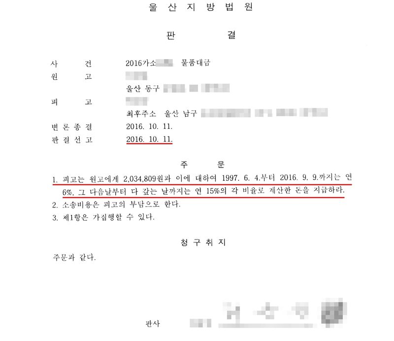 울산지방법원 판결. 사건 2016가소(번호 가림) 물품대금. 원고(이름 가림) 울산 동구(나머지 주소 가림), 피고(이름 가림) 최후주소 울산 남구(나머지 주소 가림). 변론종결 2016. 10. 11. 판결선고 2016. 10. 11. 주문 1. 피고는 원고에게 2,034,809원과 이에 대하여 1997. 6. 4.부터 2016. 9. 9.까지는 연 6%, 그 다음날부터 다 갚는 날까지는 연 15%의 각 비율로 계산한 돈을 지급하라. 2. 소송비용은 피고의 부담으로 한다. 3. 제1항은 가집행할 수 있다. 판사(이름·서명·직인 가림). 판결선고 날짜와 주문 1에 빨간 밑줄.