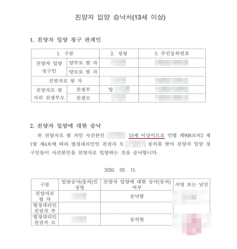 친양자 입양 승낙서(13세 이상). 친양자 입양 청구 관계인 표(양부로 될 자, 친양자로 될 자, 친생부 망, 친생모). 친양자로 될 자인 사건본인은 13세 이상이므로 민법 제908조의2 제1항 제4호에 따라 법정대리인인 친권자 모의 동의를 받아 청구인들이 사건본인을 친양자로 입양하는 것을 승낙합니다. 승낙(동의) 여부 표 — 친양자로 될 자 승낙함, 법정대리인 친권자 모 동의함. 이름과 주민등록번호(외국인등록번호), 주소 가운데 시·구·군 뒤의 자리, 등록기준지, 사건번호 숫자, 판사·법원주사 이름과 도장, 서명·도장, QR코드·발급번호·위변조 방지 바코드는 가렸다.