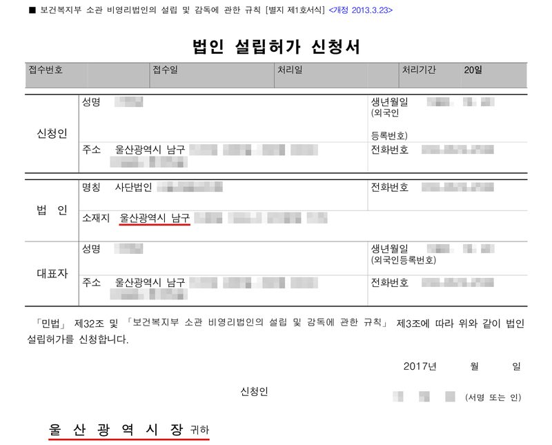 법인설립허가신청서(보건복지부 소관 비영리법인의 설립 및 감독에 관한 규칙 별지 제1호서식). 처리기간 20일. 신청인 성명·생년월일·주소(울산광역시 남구, 뒷자리 가림)·전화번호(가림). 법인 명칭 사단법인(이름 가림), 소재지 울산광역시 남구(빨간 밑줄, 뒷자리 가림). 대표자(가림). 「민법」 제32조 및 「보건복지부 소관 비영리법인의 설립 및 감독에 관한 규칙」 제3조에 따라 위와 같이 법인 설립허가를 신청합니다. 2017년. 울산광역시장 귀하(빨간 밑줄).