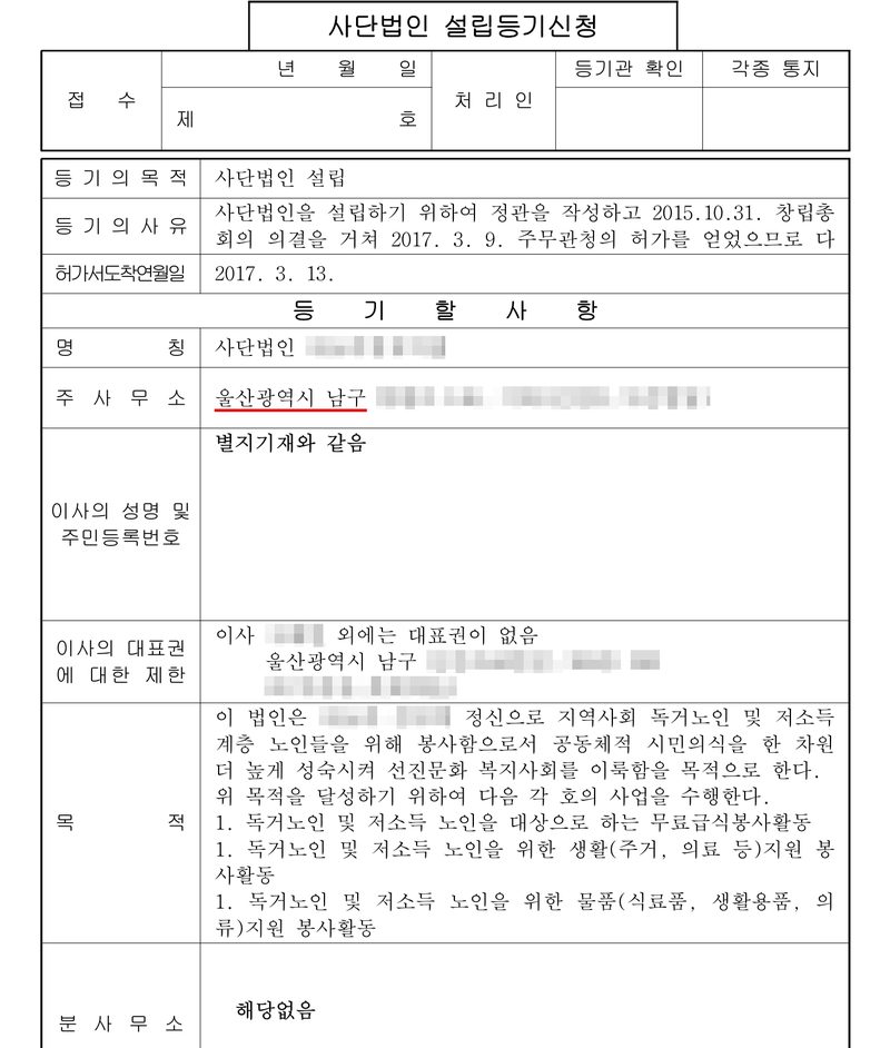 사단법인 설립등기신청서. 등기의 목적 사단법인 설립. 등기의 사유 사단법인을 설립하기 위하여 정관을 작성하고 2015.10.31. 창립총회의 의결을 거쳐 2017. 3. 9. 주무관청의 허가를 얻었으므로 다음사항의 등기를 구함. 허가서도착연월일 2017. 3. 13. 등기할 사항 — 명칭 사단법인(이름 가림), 주사무소 울산광역시 남구(빨간 밑줄, 뒷자리 가림), 이사의 성명 및 주민등록번호 별지기재와 같음, 이사의 대표권에 대한 제한 이사(이름 가림) 외에는 대표권이 없음(주소 울산광역시 남구, 뒷자리 가림), 목적 — 이 법인은 (가림) 정신으로 지역사회 독거노인 및 저소득계층 노인들을 위해 봉사함으로서 … 무료급식봉사활동, 생활(주거, 의료 등)지원 봉사활동, 물품(식료품, 생활용품, 의류)지원 봉사활동. 분사무소 해당없음.