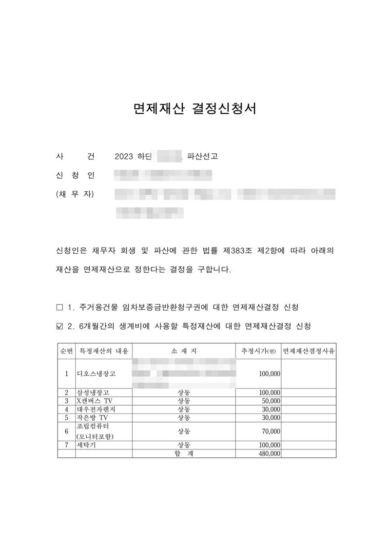 울산지방법원에 낸 면제재산 결정신청서. 채무자 회생 및 파산에 관한 법률 제383조 제2항에 따라 재산을 면제재산으로 정한다는 결정을 구하는 내용. 두 항목 가운데 6개월간의 생계비에 사용할 특정재산에 대한 면제재산결정 신청에 표시했고, 표에 냉장고 두 대, TV 두 대, 전자레인지, 조립컴퓨터(모니터 포함), 세탁기와 추정시가가 적혀 있다. 소재지(주소)도 가렸다. 채무자 이름·주민등록번호·주소·사건번호 숫자·판사와 법원사무관 이름·판사 도장·파산관재인 이름·QR코드·발급번호·위변조 방지 바코드는 가렸다.