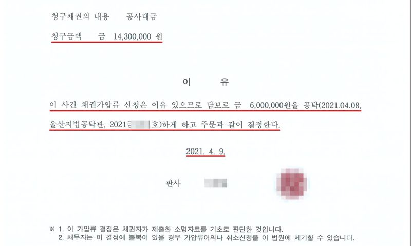 울산지방법원 채권가압류 결정 둘째 장. 청구채권의 내용 공사대금, 청구금액 금 14,300,000원. 이유 — 이 사건 채권가압류 신청은 이유 있으므로 담보로 금 6,000,000원을 공탁(2021.04.08, 울산지법공탁관, 2021금(번호 가림)호)하게 하고 주문과 같이 결정한다. 2021. 4. 9. 판사(이름·직인 가림). 청구금액, 현금 공탁 두 줄, 결정일에 빨간 밑줄.