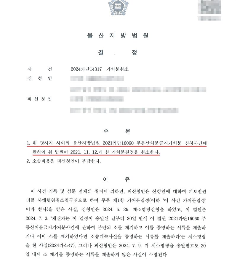 울산지방법원 결정. 사건 2024카단14317 가처분취소. 신청인·피신청인 이름·주민등록번호·주소 가림. 주문 1. 위 당사자 사이의 울산지방법원 2021카단16060 부동산처분금지가처분 신청사건에 관하여 위 법원이 2021. 11. 12.에 한 가처분결정을 취소한다(빨간 밑줄). 2. 소송비용은 피신청인이 부담한다. 이유 — 피신청인은 신청인에 대하여 피보전권리를 사해행위취소청구권으로 하여 가처분결정을 받은 사실, 신청인은 2024. 6. 26. 제소명령신청을 하였고 이 법원은 2024. 7. 3. 채권자는 이 결정이 송달된 날부터 20일 안에 본안의 소를 제기하고 이를 증명하는 서류를 제출하라는 제소명령을 한 사실(2024카소47), 그러나 피신청인은 2024. 7. 9. 제소명령을 송달받고도 20일 내에 소 제기를 증명하는 서류를 제출하지 않은 사실이 소명된다.
