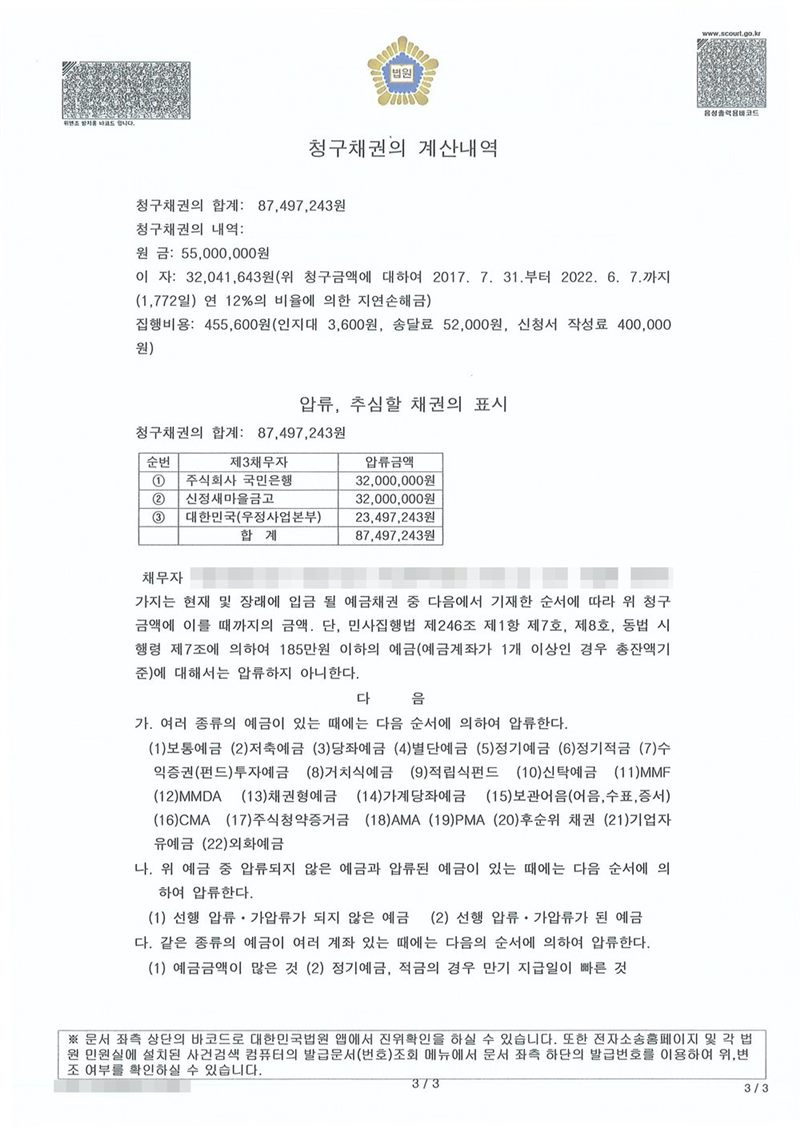 같은 결정의 별지. 청구채권의 계산내역, 압류·추심할 채권의 표시 — 제3채무자별 압류금액 표, 채무자가 제3채무자에 대하여 가지는 현재 및 장래에 입금될 예금채권 중 다음에 기재한 순서에 따라 청구금액에 이를 때까지의 금액, 다만 민사집행법 제246조 제1항 제7호·제8호 및 동법 시행령에 의하여 압류가 금지되는 예금은 제외, 여러 종류의 예금이 있는 때 압류하는 순서(보통예금, 저축예금, 정기예금 등), 선행 압류·가압류가 없는 예금부터. 채무자의 이름과 주민등록번호, 발급번호는 가렸다. 제3채무자 표의 국민은행·신정새마을금고·대한민국(우정사업본부)과 압류금액은 그대로 두었다.