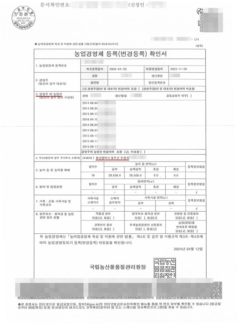농업경영체 등록(변경등록) 확인서. 농업경영체 등록번호, 최초등록일자·최종변경일자, 경영주 성명·생년월일, 경영주 외 농업인 성명·생년월일과 등록·제외 이력, 주소 울산광역시 울주군 두동면, 농지 등 및 농작물 재배 필지수와 면적, 발급 국립농산물품질관리원장. 이름과 생년월일, 등록번호, 문서확인번호, 바코드는 가렸다. 이름과 주민등록번호, 주소 가운데 시·군·구(읍·면) 뒤의 자리, 지번과 고유번호, 문서확인번호·발급번호·납부번호, QR코드와 위변조 방지 바코드는 가렸다.