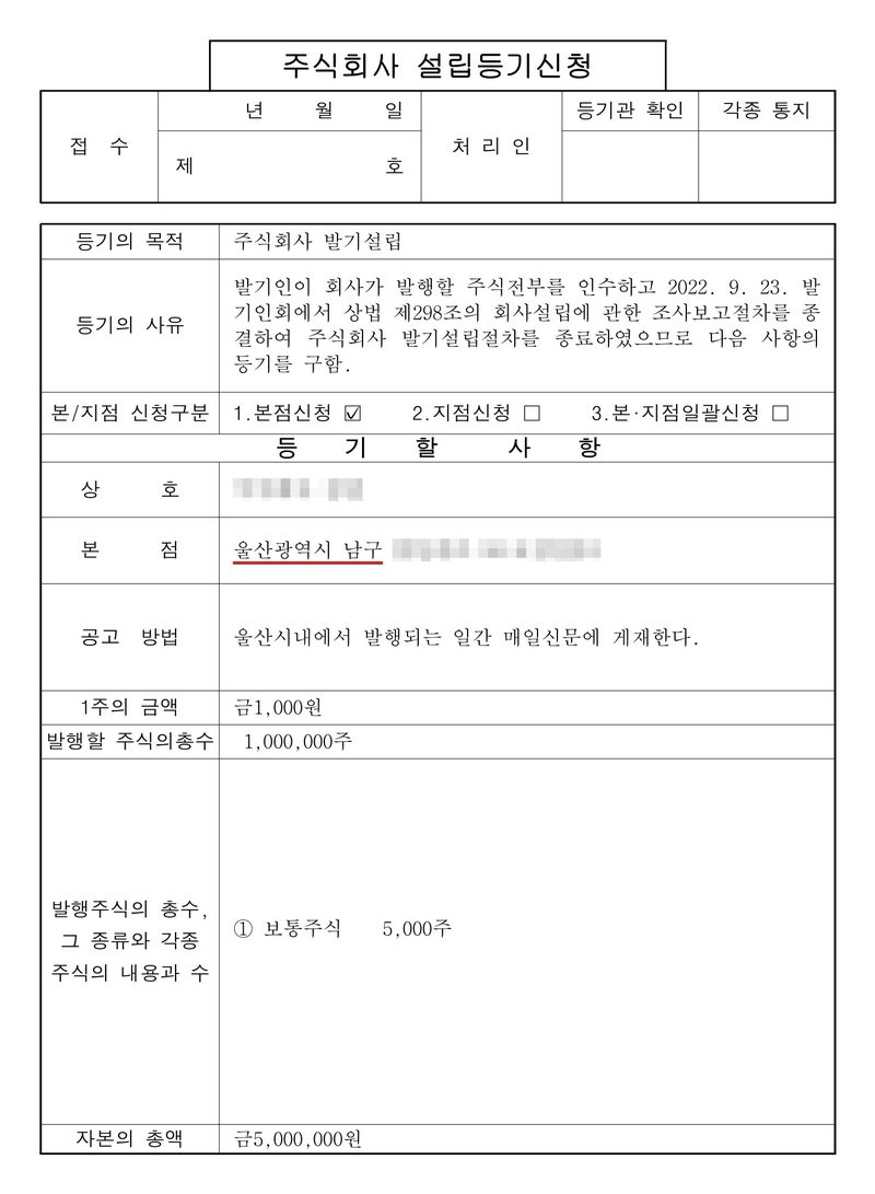 주식회사 설립등기신청서. 등기의 목적 주식회사 발기설립. 등기의 사유 발기인이 회사가 발행할 주식전부를 인수하고 2022. 9. 23. 발기인회에서 상법 제298조의 회사설립에 관한 조사보고절차를 종결하여 주식회사 발기설립절차를 종료하였으므로 다음 사항의 등기를 구함. 등기할 사항 — 상호(가림), 본점 울산광역시 남구(빨간 밑줄), 공고방법 울산시내에서 발행되는 일간 매일신문에 게재한다, 1주의 금액 금1,000원, 발행할 주식의 총수 1,000,000주, 발행주식의 총수 보통주식 5,000주, 자본의 총액 금5,000,000원.
