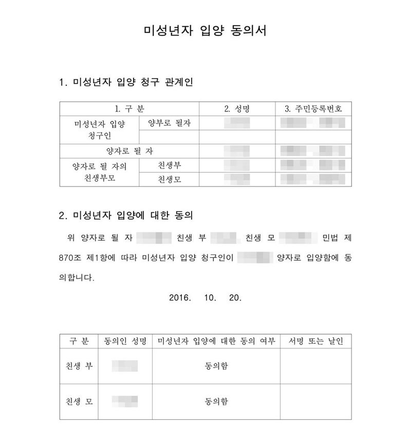 미성년자 입양 동의서. 미성년자 입양 청구 관계인 표(양부로 될 자, 양자로 될 자, 친생부, 친생모). 양자로 될 자의 친생부와 친생모는 민법 제870조 제1항에 따라 미성년자 입양 청구인이 양자로 입양함에 동의한다는 내용. 동의 여부 표 — 친생부 동의함, 친생모 동의함. 이름과 주민등록번호(외국인등록번호), 주소 가운데 시·구·군 뒤의 자리, 등록기준지, 사건번호 숫자, 판사·법원주사 이름과 도장, 서명·도장, QR코드·발급번호·위변조 방지 바코드는 가렸다.
