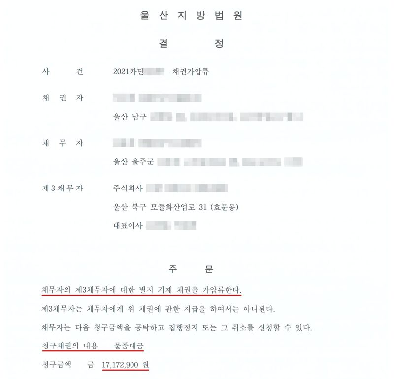 울산지방법원 결정. 사건 2021카단(번호 가림) 채권가압류. 채권자(이름·주민등록번호 가림) 울산 남구(나머지 주소 가림). 채무자(이름·주민등록번호 가림) 주소 가림. 제3채무자 주식회사(상호 가림) 울산 북구 모듈화산업로 31 (효문동), 대표이사(이름 가림). 주문 — 채무자의 제3채무자에 대한 별지 기재 채권을 가압류한다. 제3채무자는 채무자에게 위 채권에 관한 지급을 하여서는 아니된다. 채무자는 다음 청구금액을 공탁하고 집행정지 또는 그 취소를 신청할 수 있다. 청구채권의 내용 물품대금, 청구금액 금 17,172,900원. 주문 첫 줄, 청구채권, 청구금액에 빨간 밑줄.