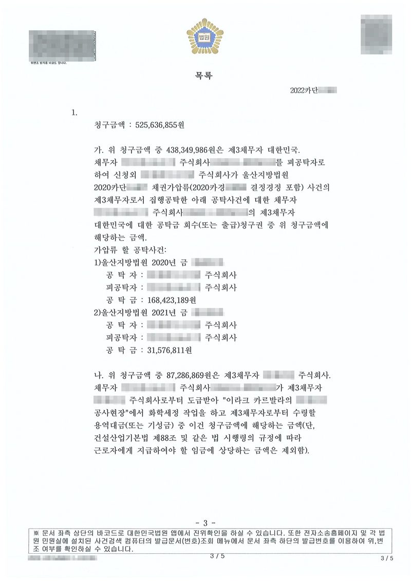 채권가압류 결정 별지 목록. 청구금액 525,636,855원. 가. 위 청구금액 중 438,349,986원은 제3채무자 대한민국 — 채무자 주식회사를 피공탁자로 하여 신청외 주식회사가 울산지방법원 채권가압류(결정경정 포함) 사건의 제3채무자로서 집행공탁한 아래 공탁사건에 대한 채무자의 제3채무자 대한민국에 대한 공탁금 회수(또는 출급)청구권 중 위 청구금액에 해당하는 금액. 가압류할 공탁사건 1) 울산지방법원 2020년 금 제○호, 공탁금 168,423,189원 2) 울산지방법원 2021년 금 제○호, 공탁금 31,576,811원. 나. 위 청구금액 중 87,286,869원은 제3채무자 주식회사 — 채무자가 제3채무자로부터 도급받아 이라크 카르발라의 공사현장에서 화학세정 작업을 하고 제3채무자로부터 수령할 용역대금(또는 기성금) 중 이건 청구금액에 해당하는 금액(단, 건설산업기본법 제88조 및 같은 법 시행령의 규정에 따라 근로자에게 지급하여야 할 임금에 상당하는 금액은 제외함). 채무자·공탁자·제3채무자 상호와 법인등록번호, 앞선 사건번호와 공탁번호, 사건번호 숫자, QR코드·발급번호·위변조 방지 바코드는 가렸다.