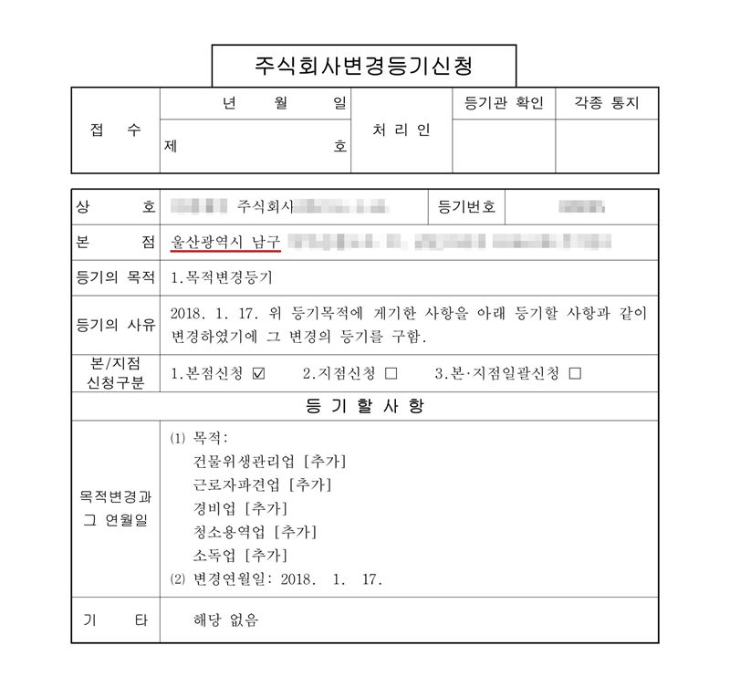 주식회사 변경등기신청서. 본점 울산광역시 남구(빨간 밑줄). 등기의 목적 1. 목적변경등기. 등기의 사유 2018. 1. 17. 위 등기목적에 게기한 사항을 아래 등기할 사항과 같이 변경하였기에 그 변경의 등기를 구함. 등기할 사항 목적 — 건물위생관리업 [추가], 근로자파견업 [추가], 경비업 [추가], 청소용역업 [추가], 소독업 [추가]. 변경연월일 2018. 1. 17. 회사 이름·영문 이름·등기번호와 본점 주소 뒷부분은 가렸다.