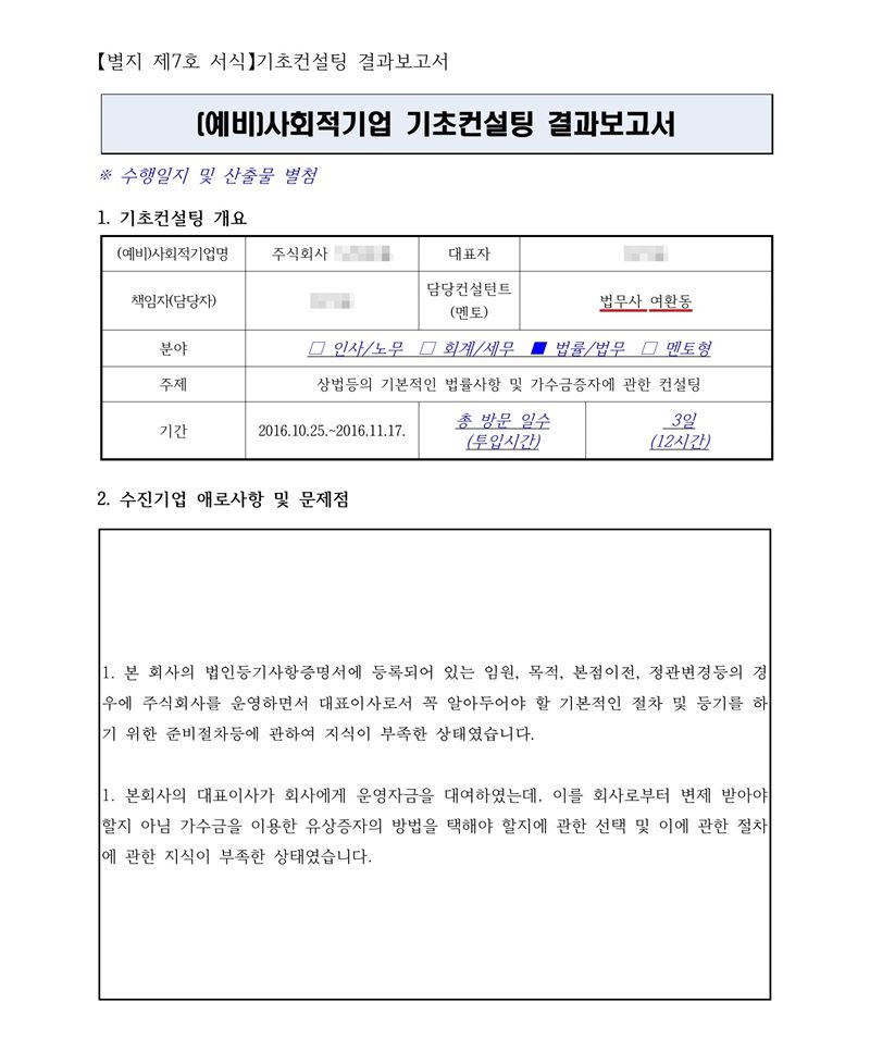 (예비)사회적기업 기초컨설팅 결과보고서. 기초컨설팅 개요 — (예비)사회적기업명 주식회사(이름 가림), 담당컨설턴트 법무사 여환동(빨간 밑줄), 분야 법률/법무, 주제 상법 등의 기본적인 법률사항 및 가수금증자에 관한 컨설팅, 기간 2016. 10. 25. ~ 2016. 11. 17., 총 방문 일수 3일(12시간). 수진기업 애로사항 — 법인등기사항증명서의 임원·목적·본점이전·정관변경 등 기본 절차와 등기 준비 절차에 관한 지식 부족, 대표이사가 회사에 빌려준 운영자금을 변제받을지 가수금을 이용한 유상증자를 택할지에 관한 지식 부족. 회사와 대표자 이름은 가렸다.