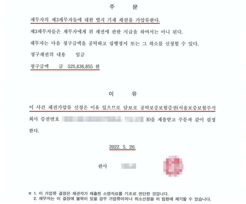 울산지방법원 채권가압류 결정 둘째 장. 주문 — 채무자의 제3채무자들에 대한 별지 기재 채권을 가압류한다. 제3채무자들은 채무자에게 위 채권에 관한 지급을 하여서는 아니 된다. 채무자는 다음 청구금액을 공탁하고 집행정지 또는 그 취소를 신청할 수 있다. 청구채권의 내용 임금, 청구금액 금 525,636,855원. 이유 — 이 사건 채권가압류 신청은 이유 있으므로 담보로 공탁보증보험증권(서울보증보험주식회사 증권번호 가림)을 제출받고 주문과 같이 결정한다. 2022. 5. 20. 판사(이름·직인 가림). 주문 첫 줄, 청구금액, 보증보험 줄, 결정일에 빨간 밑줄.