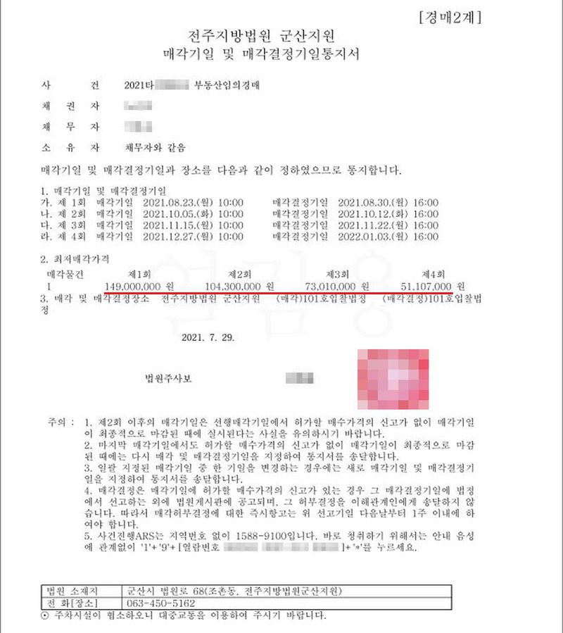 매각기일 및 매각결정기일통지서. 전주지방법원 군산지원. 사건 2021타경 부동산임의경매. 1. 매각기일 및 매각결정기일 — 제1회 2021.08.23.(월) 10:00·매각결정 08.30., 제2회 2021.10.05.(화)·10.12., 제3회 2021.11.15.(월)·11.22., 제4회 2021.12.27.(월)·2022.01.03. 2. 최저매각가격 — 제1회 149,000,000원, 제2회 104,300,000원, 제3회 73,010,000원, 제4회 51,107,000원(빨간 밑줄). 3. 매각 및 매각결정장소 전주지방법원 군산지원 101호 입찰법정. 2021. 7. 29. 주의 — 제2회 이후의 매각기일은 선행 매각기일에서 허가할 매수가격의 신고가 없이 매각기일이 최종적으로 마감된 때에 실시됩니다. 채권자·채무자·소유자의 이름과 주민등록번호, 회사 이름과 법인등록번호, 대표자, 주소 가운데 구·군 뒤의 자리, 사건번호의 숫자, 등기 접수번호, 법원 직원 이름과 도장은 가렸다. 아래 열람번호도 가렸다.