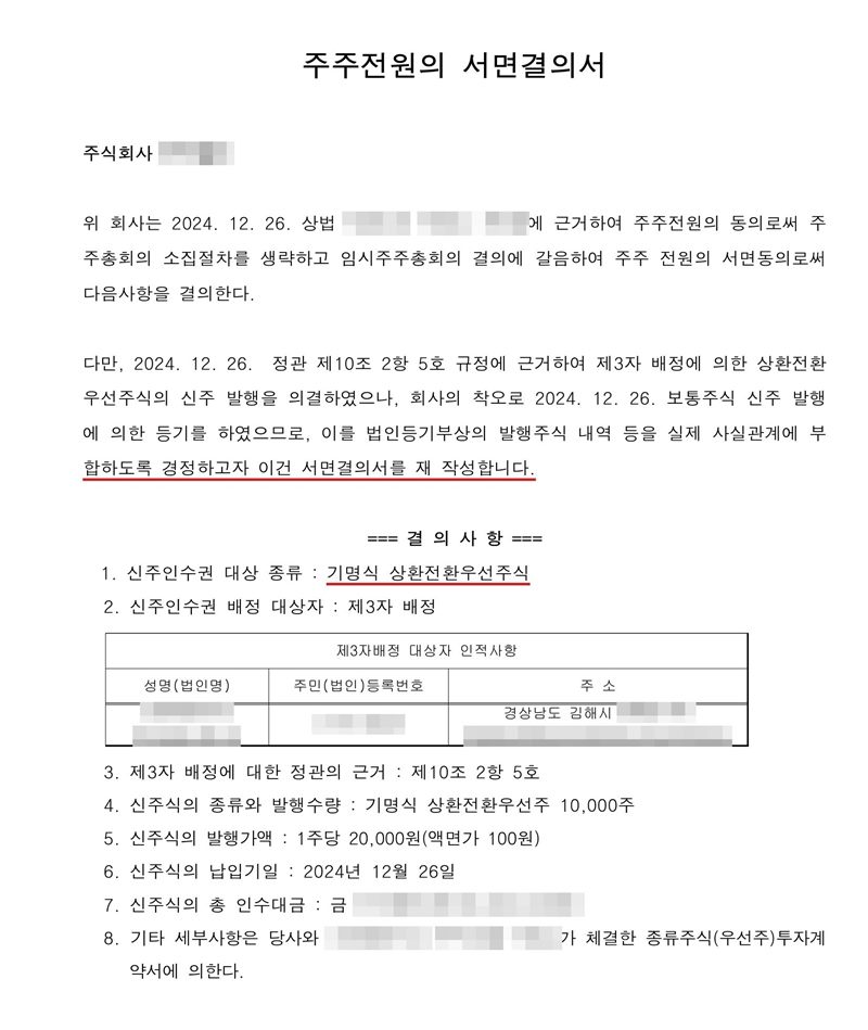 주주전원의 서면결의서. 다만 정관 제10조 2항 5호 규정에 근거하여 제3자 배정에 의한 상환전환우선주식의 신주 발행을 의결하였으나 회사의 착오로 보통주식 신주 발행에 의한 등기를 하였으므로, 이를 법인등기부상의 발행주식 내역 등을 실제 사실관계에 부합하도록 경정하고자 이건 서면결의서를 재작성합니다. 결의사항 1. 신주인수권 대상 종류 기명식 상환전환우선주식 2. 신주인수권 배정 대상자 제3자 배정(대상자 인적사항 표) 3. 제3자 배정에 대한 정관의 근거 4. 신주식의 종류와 발행수량 5. 발행가액 6. 납입기일 7. 총 인수대금 8. 투자계약서에 의한다. 회사 이름, 주주·임원·청산인 이름과 주민등록번호, 주소 가운데 시·구·군(읍) 뒤의 자리, 매매가액·인수대금, 제3자 배정 대상자는 가렸다.