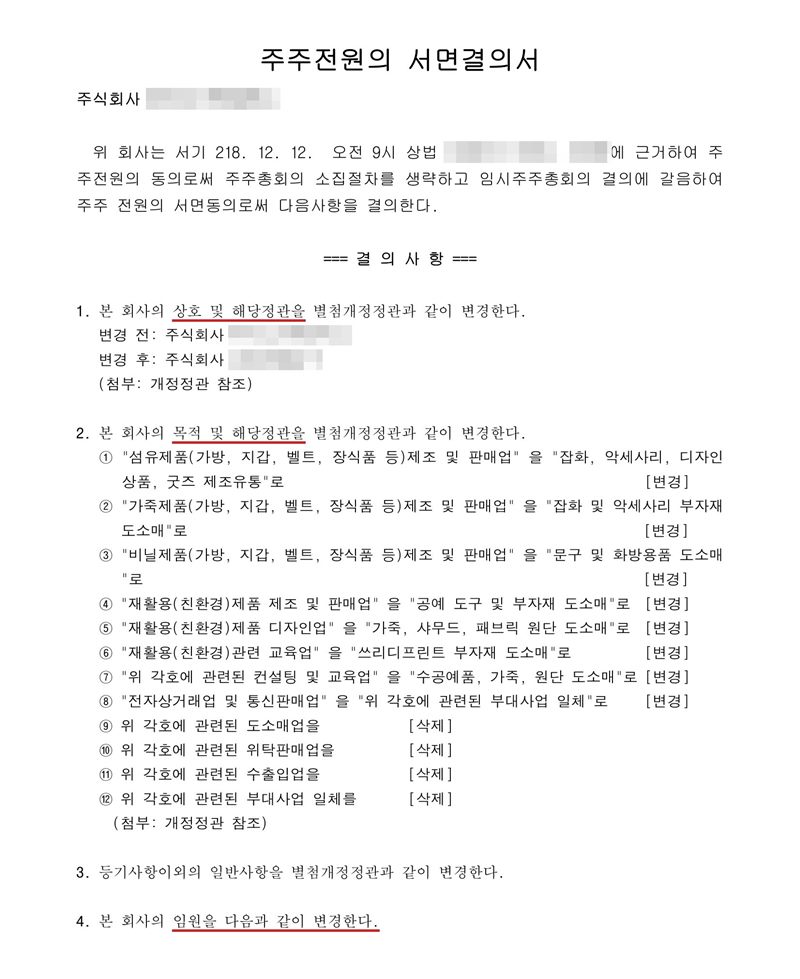 주주전원의 서면결의서. 결의사항 1. 본 회사의 상호 및 해당정관을 별첨개정정관과 같이 변경한다(변경 전·변경 후 상호) 2. 본 회사의 목적 및 해당정관을 별첨개정정관과 같이 변경한다(①~⑧ 변경, ⑨~⑫ 삭제) 3. 등기사항 이외의 일반사항을 별첨개정정관과 같이 변경한다 4. 본 회사의 임원을 다음과 같이 변경한다. 회사 이름, 주주·임원·청산인 이름과 주민등록번호, 주소 가운데 시·구·군(읍) 뒤의 자리, 매매가액·인수대금, 제3자 배정 대상자는 가렸다.