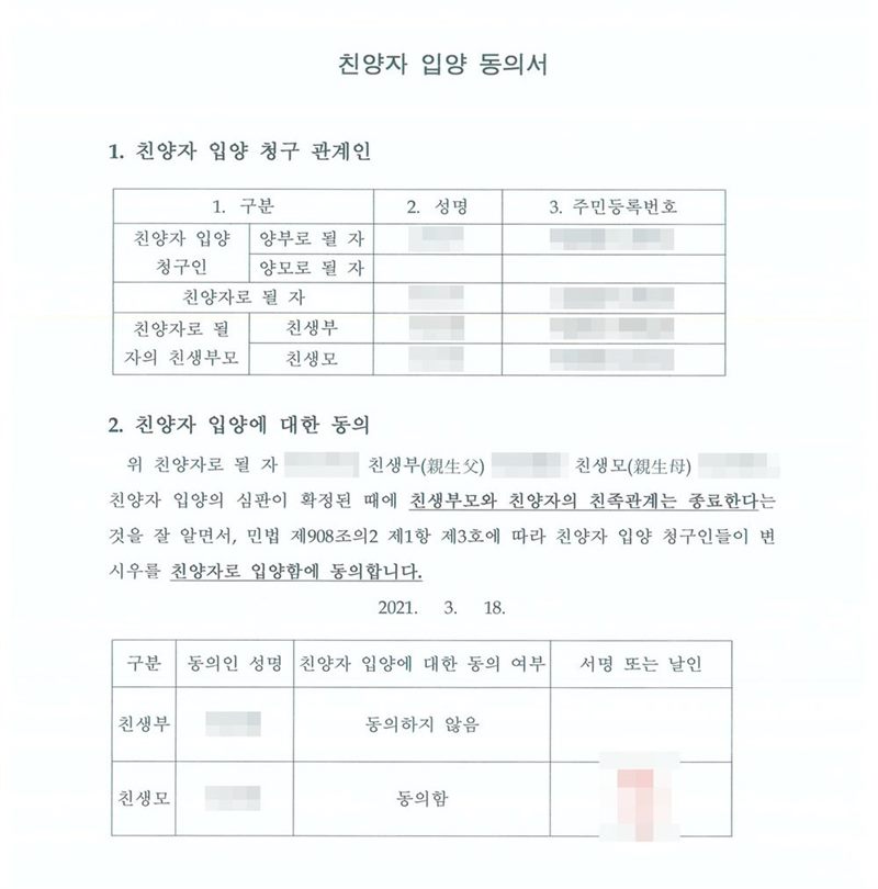 친양자 입양 동의서. 친양자 입양 청구 관계인 표. 친양자로 될 자의 친생부와 친생모가 친양자 입양의 심판이 확정된 때에 친생부모와 친양자의 친족관계는 종료한다는 것을 잘 알면서 민법 제908조의2 제1항 제3호에 따라 입양에 동의한다는 문안. 동의 여부 표 — 친생부 동의하지 않음, 친생모 동의함. 이름과 주민등록번호, 주소 가운데 시·구 뒤의 자리, 등록기준지, 사건번호 숫자, 지번, 금액, 판사·법원주사 이름과 도장, 서명·도장, QR코드·발급번호·위변조 방지 바코드는 가렸다.