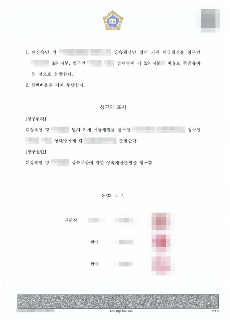 같은 결정 둘째 장. 결정사항 1. 피상속인 망인의 상속재산인 별지 기재 예금채권을 청구인 한 사람이 3/9 지분, 다른 청구인 둘과 상대방이 각 2/9 지분의 비율로 준공유하는 것으로 분할한다. 2. 심판비용은 각자 부담한다. 청구의 표시 — 청구취지(예금채권을 금액으로 분할), 청구원인. 재판장·판사 이름과 도장, 금액도 가렸다. 이름과 주민등록번호, 주소 가운데 시·구 뒤의 자리, 등록기준지, 사건번호 숫자, 지번, 금액, 판사·법원주사 이름과 도장, 서명·도장, QR코드·발급번호·위변조 방지 바코드는 가렸다.